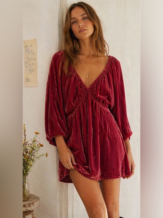 Free People Dresses & Skirts - Free People Velvet Mini Dress Womens Small Red Boho Long Sleeve Babydoll